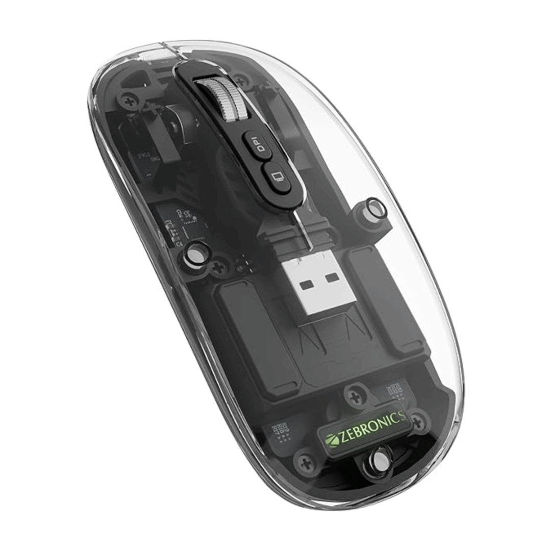 ZEBRONICS Sheer Rechargeable Wireless Mouse – Dual Mode, Silent, Transparent RGB Design (Black)