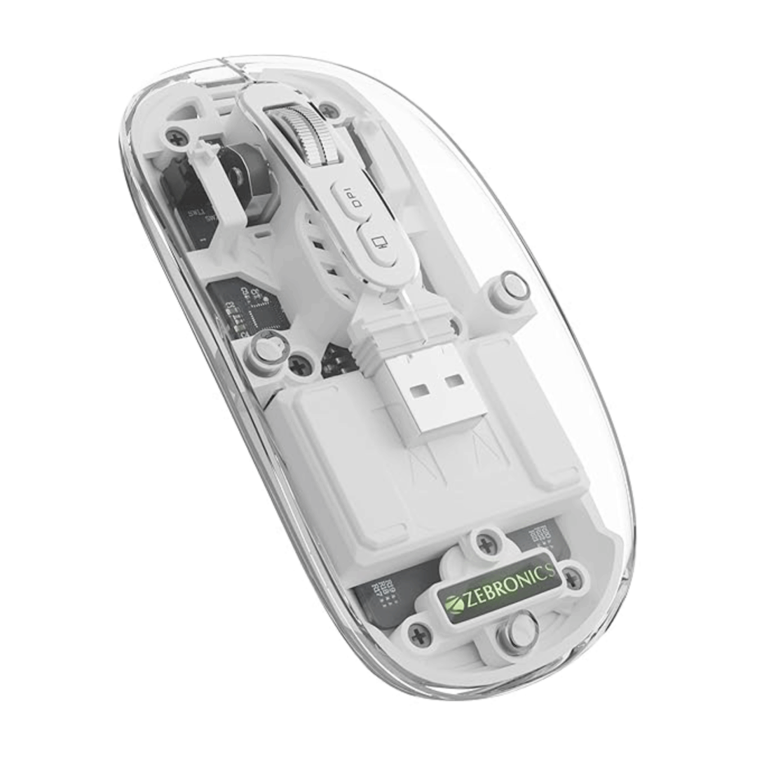 ZEBRONICS Sheer Rechargeable Wireless Mouse – Dual Mode, Silent, Transparent RGB Design (White)